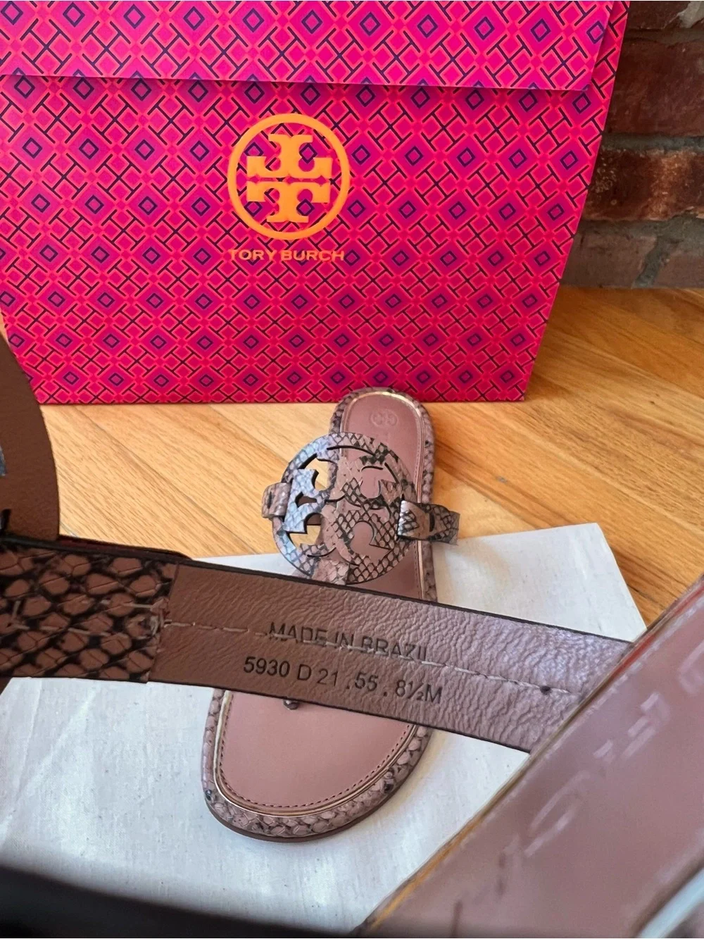 Tory Burch Brown Black Desert Roccia Stamped Snake Printed Leather Miller Sandal